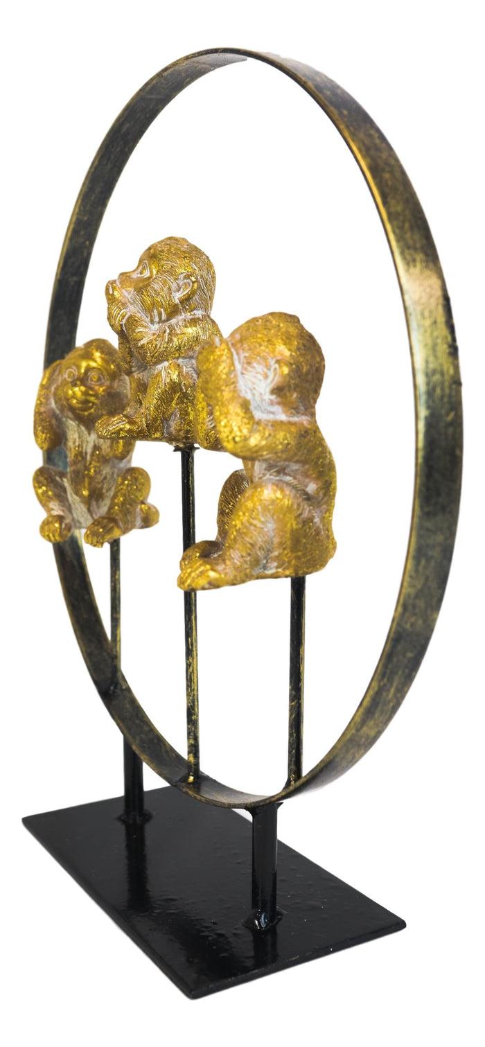 Golden See Hear Speak No Evil Monkeys In Peace Circle Ring Stand Decor Statue