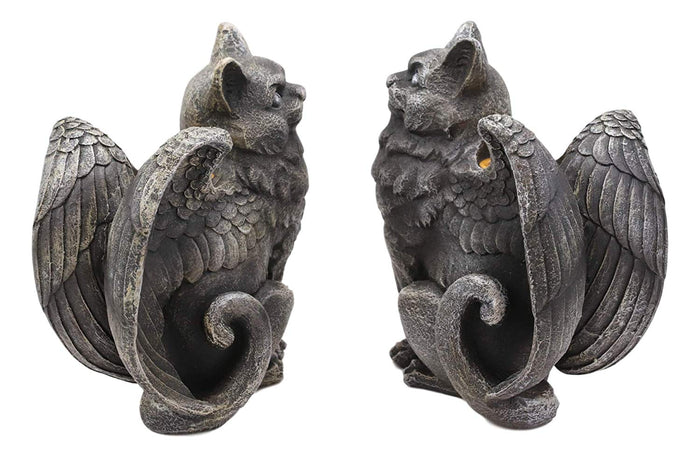 Gothic Angel Winged Cat Gargoyles Left And Right Facing Candle Holder Statue Set