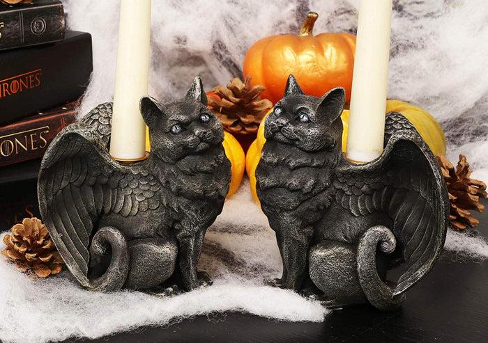 Gothic Angel Winged Cat Gargoyles Left And Right Facing Candle Holder Statue Set