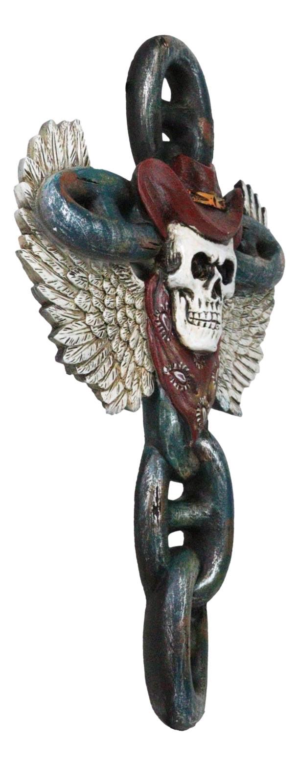 Gothic Angel Winged Cowboy Skull With Red Scarf Prison Shackle Chains Wall Cross