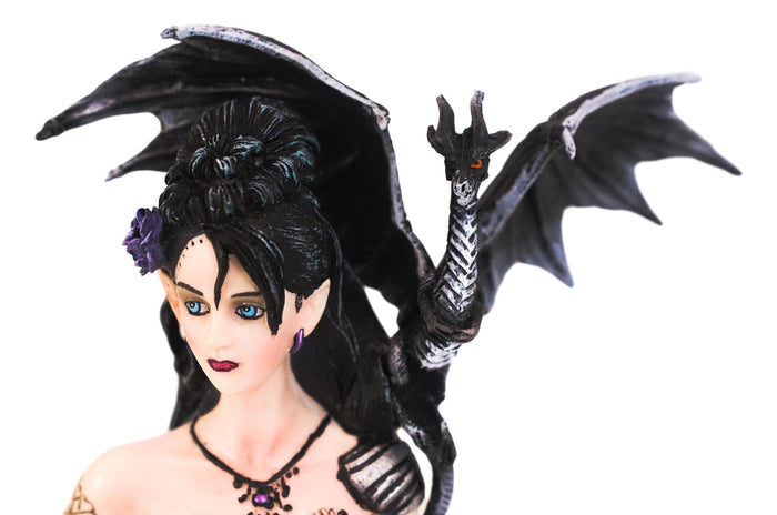 Gothic Bella Donna Purple Rose Witch Fairy With Black Dragon And Bear Statue