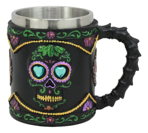 Gothic Black Day Of The Dead Sugar Skull Mug Silhouette In Bright Floral Colors