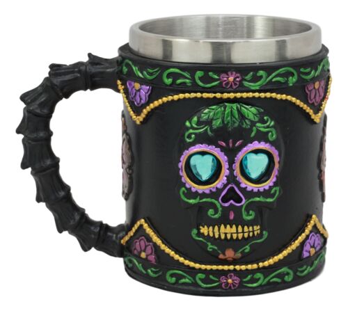 Gothic Black Day Of The Dead Sugar Skull Mug Silhouette In Bright Floral Colors