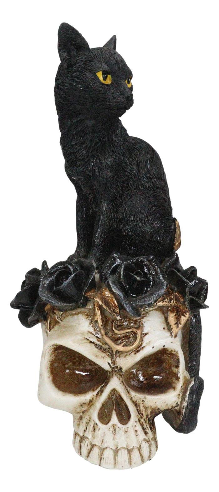 Gothic Black Feline Cat Sitting On Rose Vampire Skull Grimalkin's Ghost Figurine
