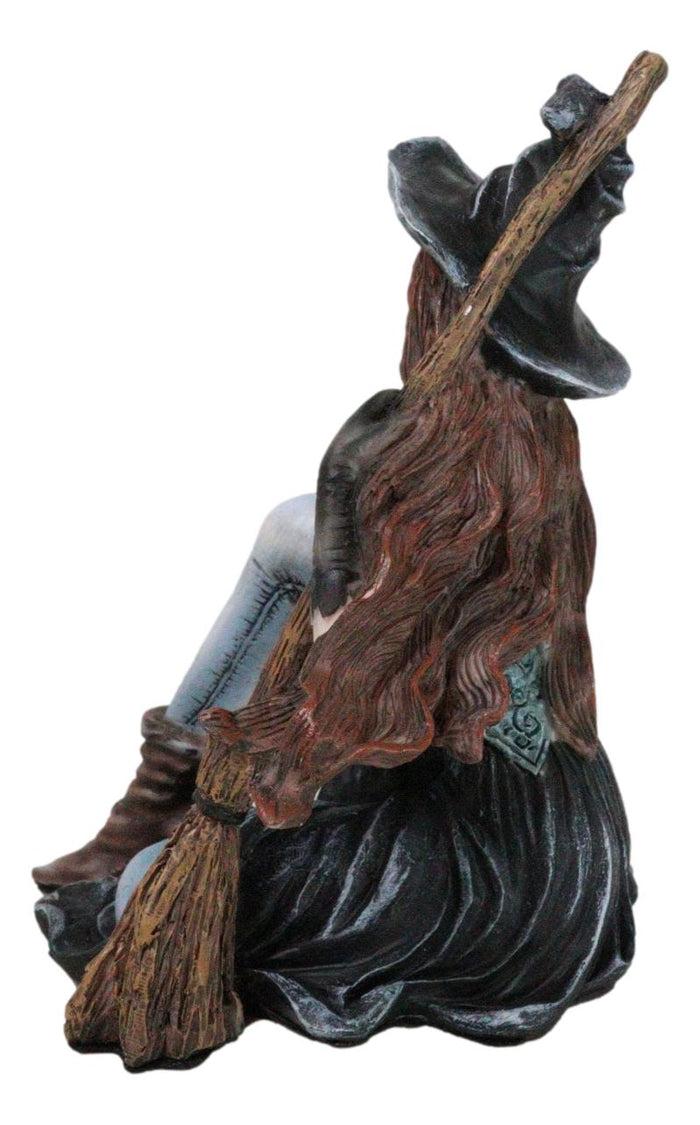 Gothic Black Witch Sorceress With Raven Crow And Magical Broomstick Figurine