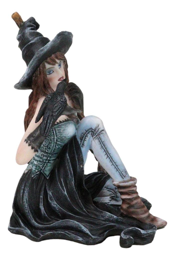 Gothic Black Witch Sorceress With Raven Crow And Magical Broomstick Figurine