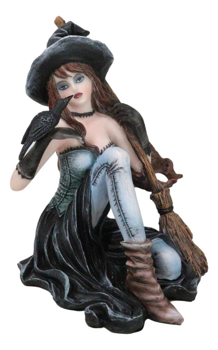 Gothic Black Witch Sorceress with Raven Crow and Magical Broomstick Figurine Gothic Black Witch Sorceress with Raven Crow and Magical Broomstick Figurine
