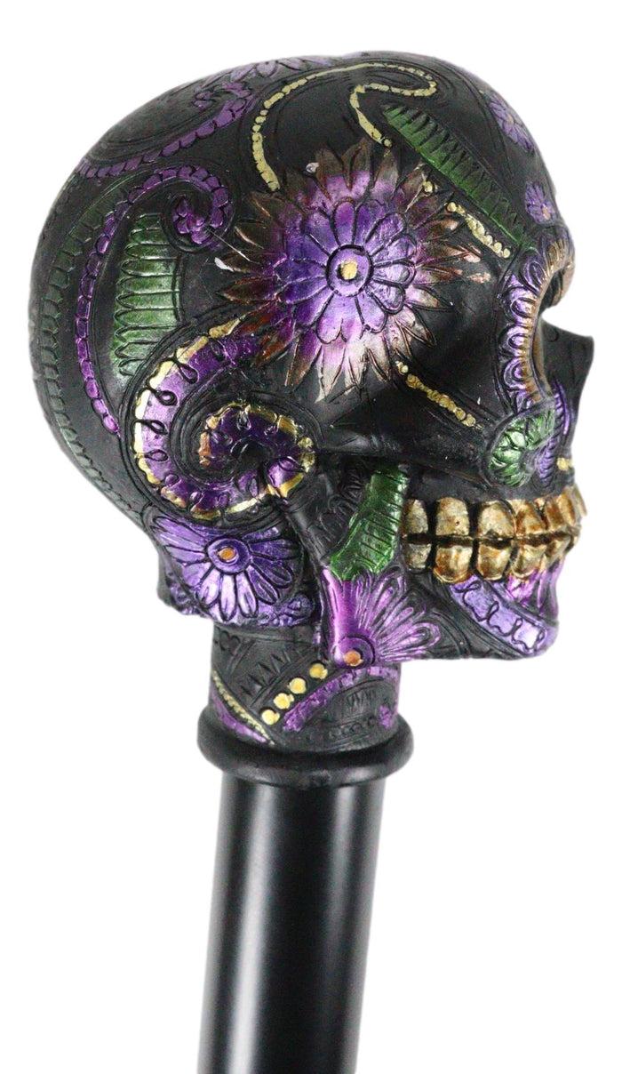 Gothic Day Of The Dead Black Floral Sugar Skull Decorative Walking Cane 36"L