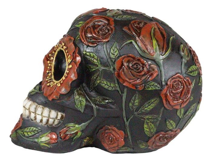 Gothic Day Of The Dead Red Floral Roses With Green Foliage Skull Figurine