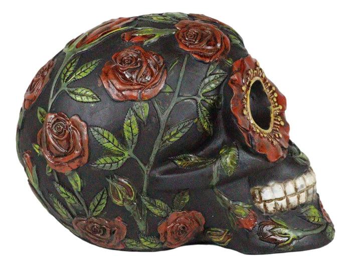 Gothic Day Of The Dead Red Floral Roses With Green Foliage Skull Figurine