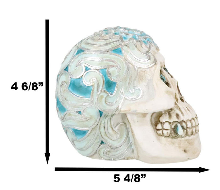 Gothic Day Of The Dead Turquoise Rose Vine Tooled Floral Sugar Skull Figurine