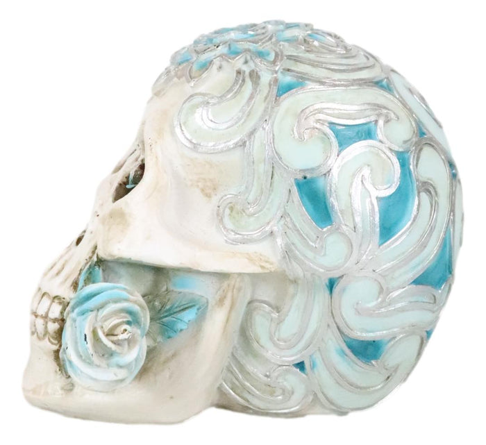 Gothic Day Of The Dead Turquoise Rose Vine Tooled Floral Sugar Skull Figurine