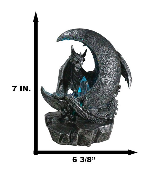 Gothic Dragon Guarding Crescent Moon With Faux Geode LED Crystals Figurine