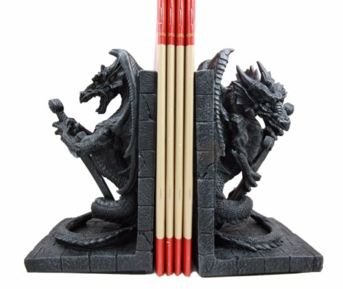 Gothic Excalibur Sword Guardian Dragon Bookend Set Of Two Figurine Faux Stone