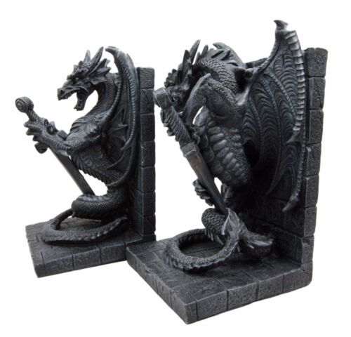 Gothic Excalibur Sword Guardian Dragon Bookend Set Of Two Figurine Faux Stone