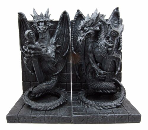 Gothic Excalibur Sword Guardian Dragon Bookend Set Of Two Figurine Faux Stone