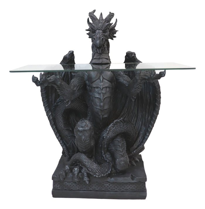 Gothic Fantasy Butler Black Dragon Sculptural Glass Topped Side Table 33.5"H