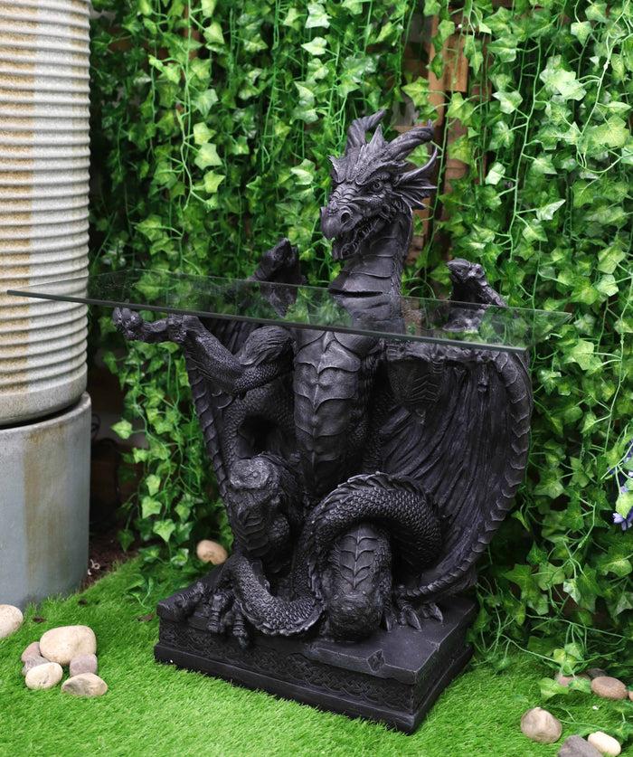 Gothic Fantasy Butler Black Dragon Sculptural Glass Topped Side Table 33.5"H