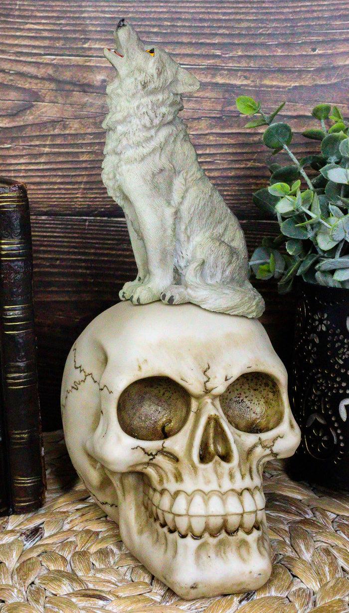 Gothic Full Moon Howling Gray Wolf Sitting On Graveyard Macabre Skull Figurine