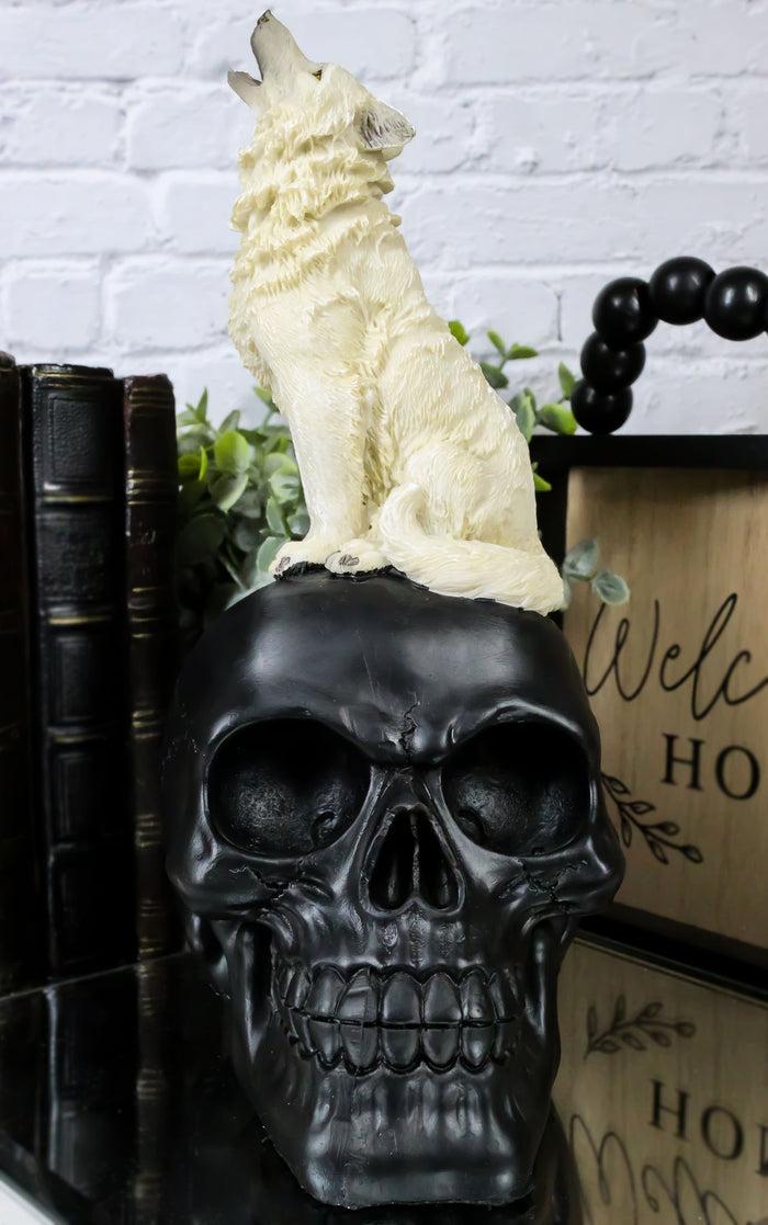 Gothic Full Moon Howling White Wolf Sitting On Black Macabre Skull Figurine