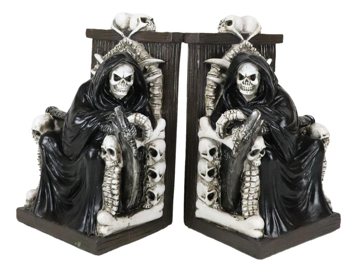 Gothic Grim Reaper Sitting On Skulls And Skeleton Bones Thrones Bookends Statue
