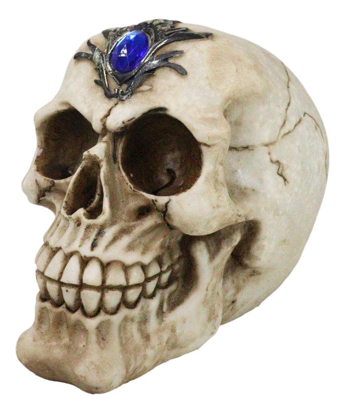 Gothic Macabre Homosapien Skull With Faux Blue Sapphire Gem Crystal Figurine