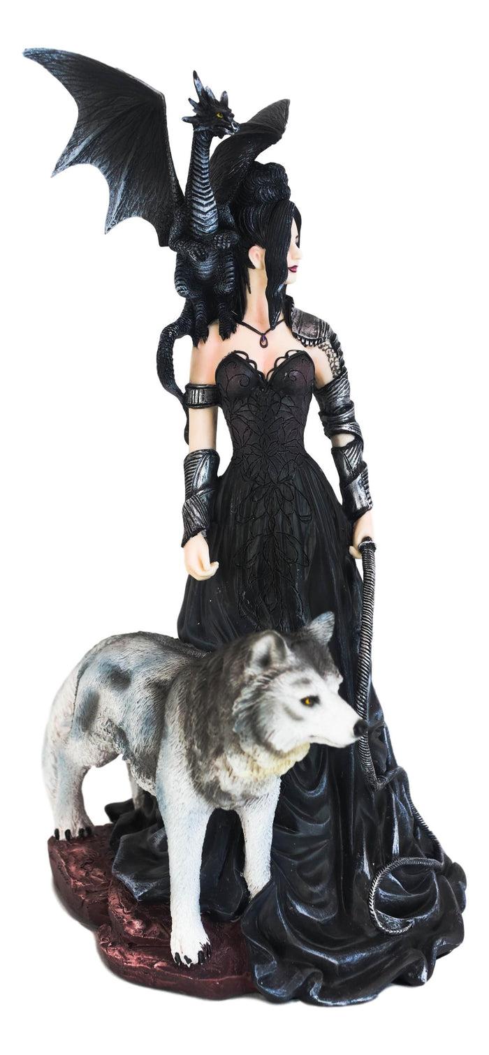 Gothic Maestra Maleficent Witch Fairy With Alpha Wolf And Black Dragon Statue