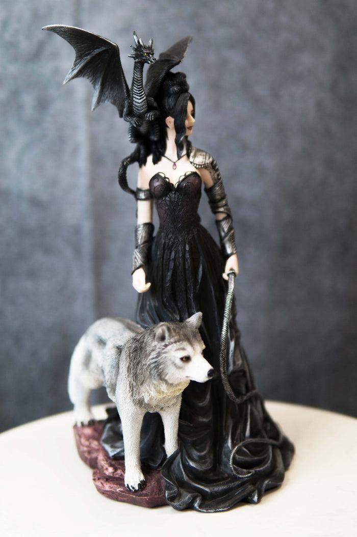 Gothic Maestra Maleficent Witch Fairy With Alpha Wolf And Black Dragon Statue