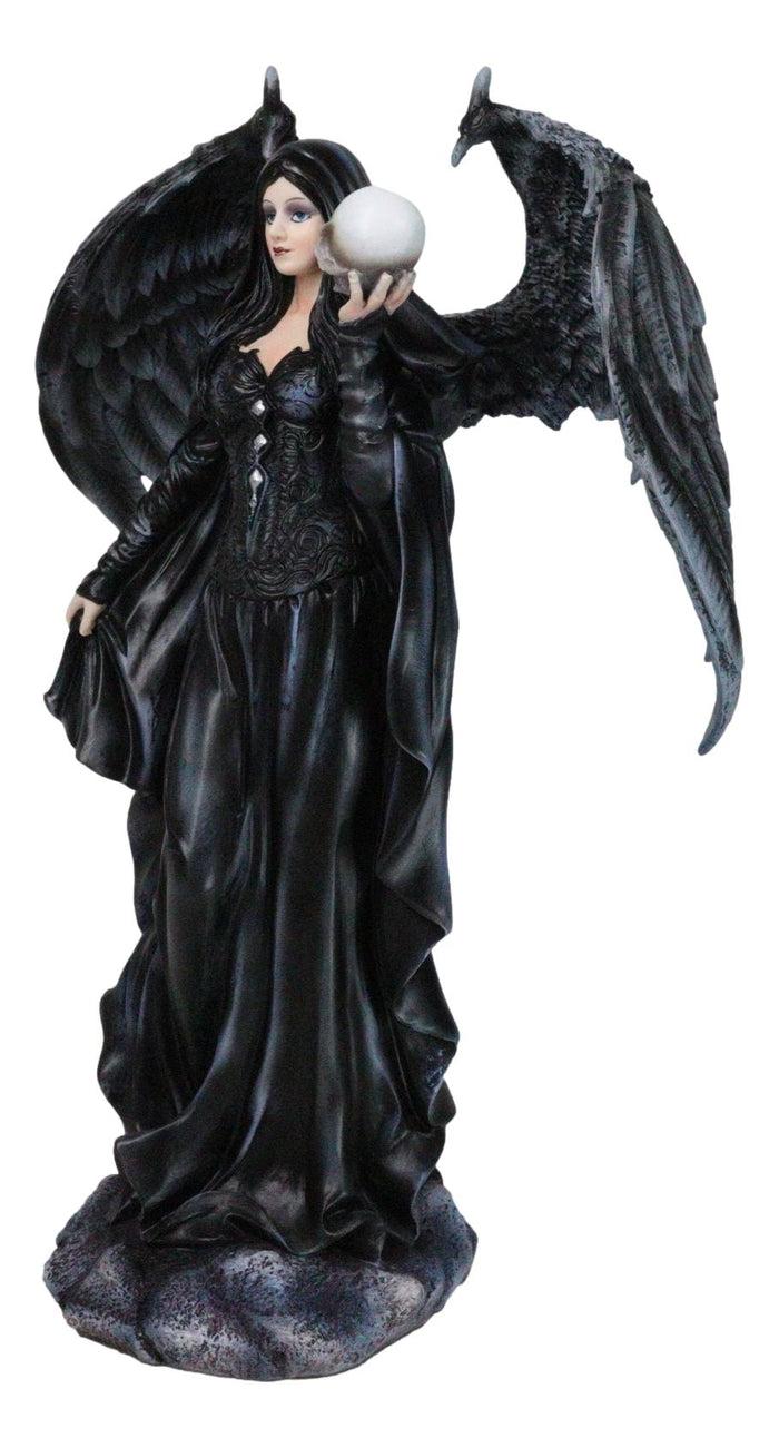 Gothic Messenger Black Cloaked Fairy With Raven Wings Holding Skull Figurine