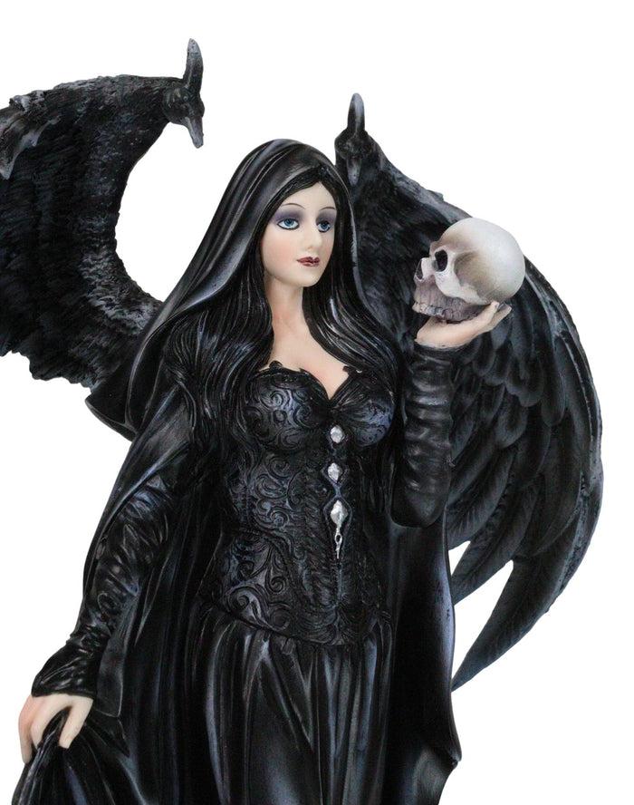 Gothic Messenger Black Cloaked Fairy With Raven Wings Holding Skull Figurine
