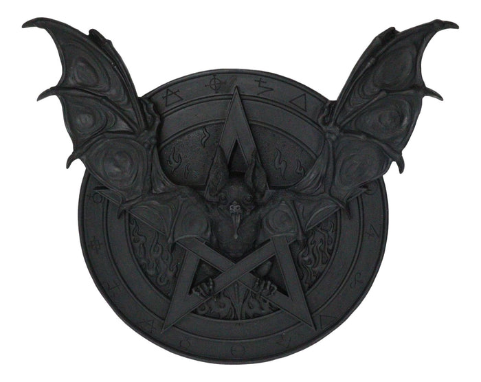 Gothic Nosferatu Black Bat Pentagram With Hell Fire Alchemy Symbols Wall Plaque