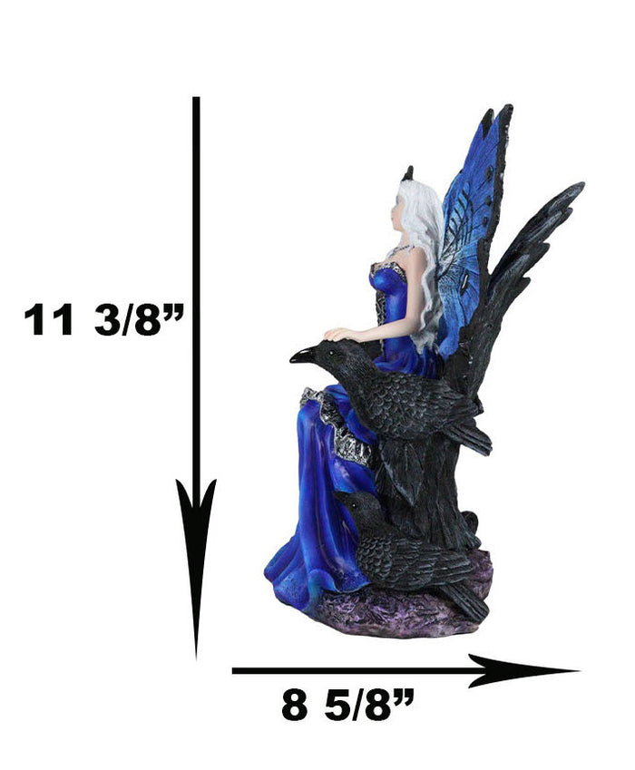 Gothic Raven Crow Fairy Queen In Blue Gown Sitting On Throne Of Crows Statue