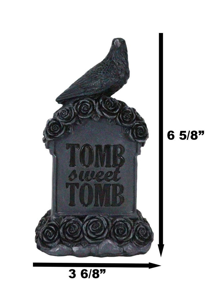 Gothic Raven Crow Perching On Black Roses Graveyard Tomb Headstone Figurine