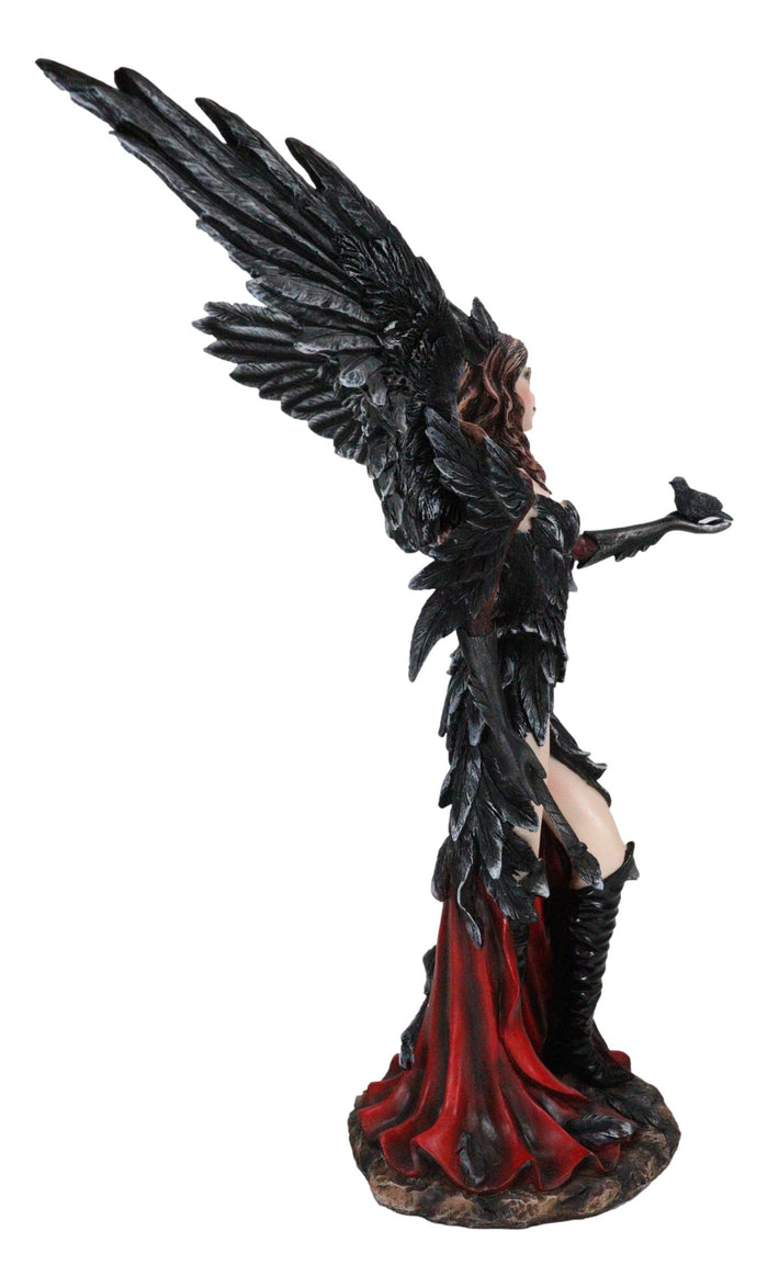 Gothic Raven Crow Trainer Angel Fairy In Black And Crimson Feather Gown Statue