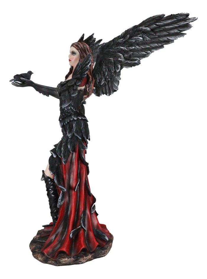 Gothic Raven Crow Trainer Angel Fairy In Black And Crimson Feather Gown Statue