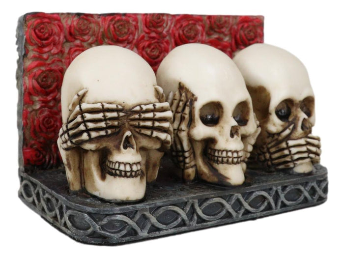 Gothic See Hear Speak No Evil Skulls By Red Roses Business Cards Holder Figurine