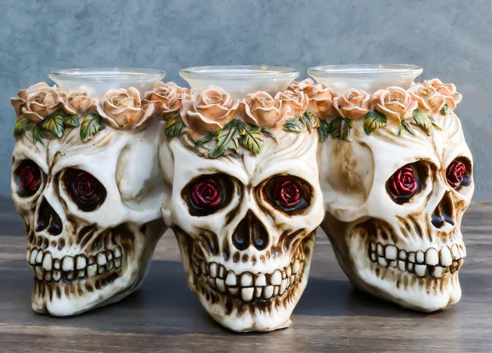 Gothic Skulls With Pink Roses Laurel Triple Votive Tea Light Candles Holder Gothic Skulls With Pink Roses Laurel Triple Votive Tea Light Candles Holder
