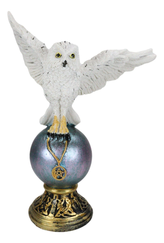 Gothic Snowy Owl Talisman Pentagram Pendant Perching On Gazing Ball Orb Figurine