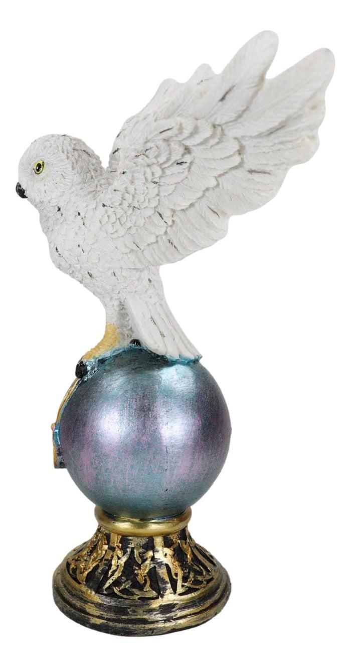 Gothic Snowy Owl Talisman Pentagram Pendant Perching On Gazing Ball Orb Figurine