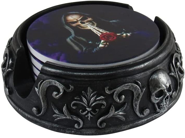Gothic Tribal Tattoo Scrollwork Morbid Skulls With Grim Reaper Rose Coaster Set