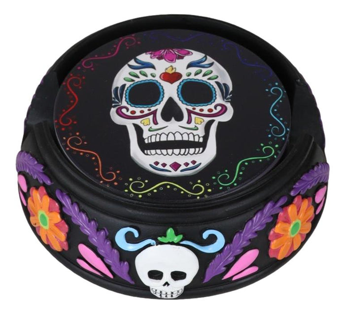 Gothic Tribal Tattoo Sugar Skulls Floral Day Of The Dead Coasters And Holder Set