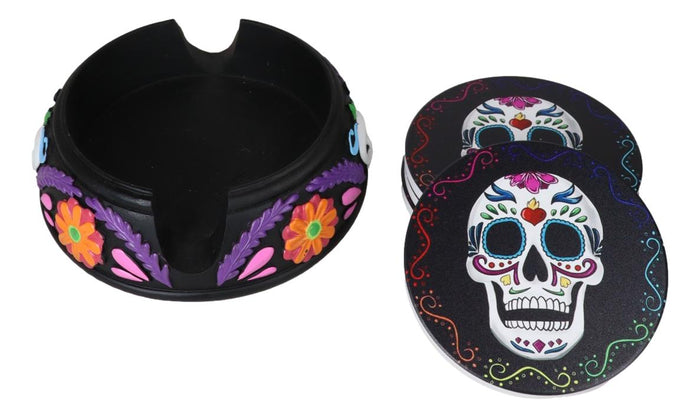 Gothic Tribal Tattoo Sugar Skulls Floral Day Of The Dead Coasters And Holder Set