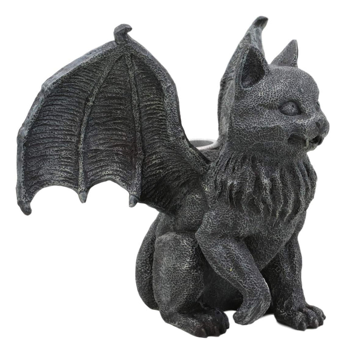 Gothic Vampire Winged Cat Gargoyle With Fangs Raising Paw Candle Holder Statue