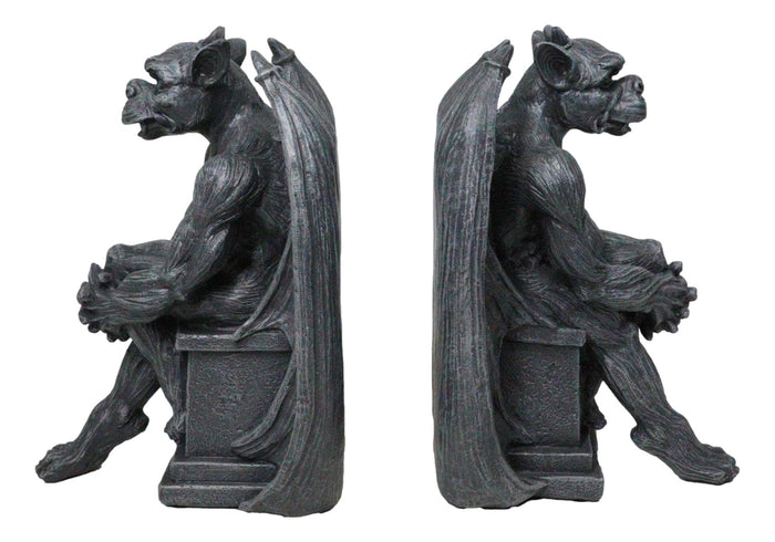 Gothic Warden Of The Night Gargoyle Sentries On Pedestals Bookends Figurine Set