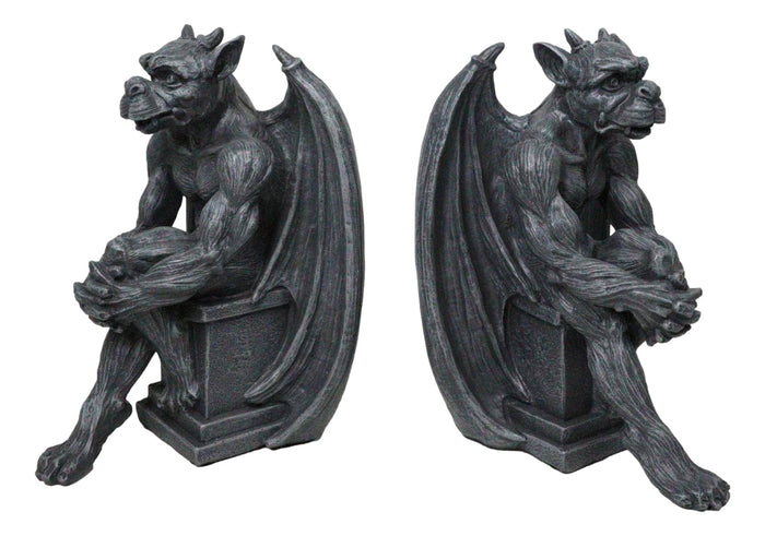 Gothic Warden Of The Night Gargoyle Sentries On Pedestals Bookends Figurine Set