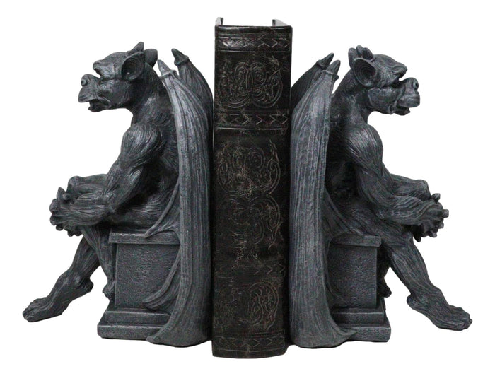 Gothic Warden of The Night Gargoyle Sentries On Pedestals Bookends Figurine Set