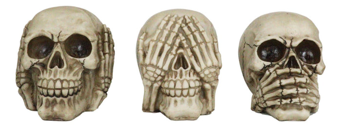 Graveyard Humor Gothic See Hear Speak No Evil Grinning Skulls Figurine Set Of 3