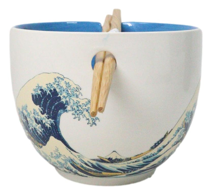 Great Wave Of Kanagawa Hokusai Ceramic Donburi Ramen Soup Bowl Chopsticks Set