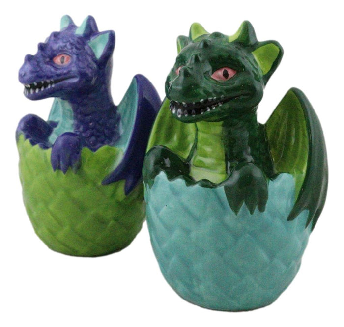 Green And Blue Dragon Hatchlings In Half Cracked Eggs Salt Pepper Shakers Set