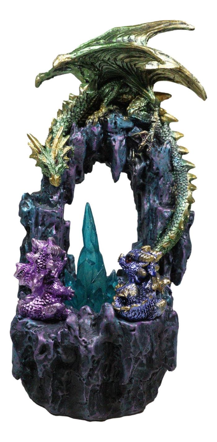 Green And Gold Dragon Guarding Faux Geode Rock Arch With LED Crystals Figurine